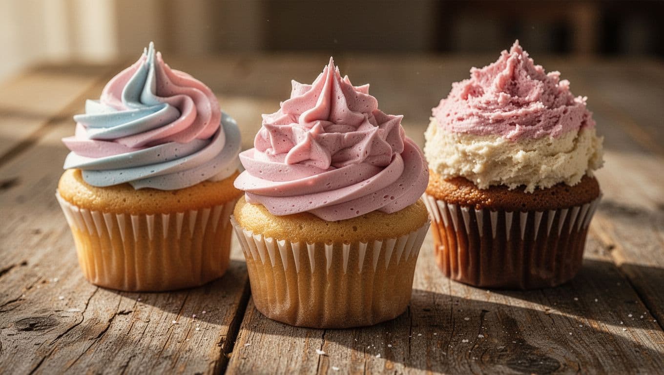 Three gourmet cupcakes sit on a weathered wooden table, each showcasing a unique piping technique. Soft light illuminates the intricate swirls, star-tip peaks, and dual-tone textures of the decadent creamy toppings.