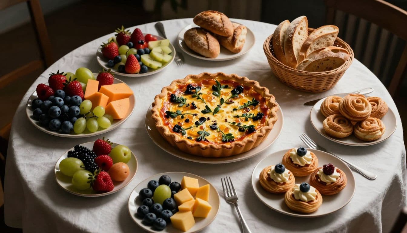 An overhead view of an elegant brunch table arranged with a large fruit platter, a rustic bread basket, a savory quiche, and fresh pastries, all lit with dramatic cinematic lighting.