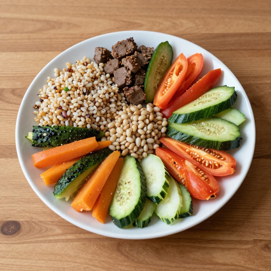 A top-down view shows a colorful plant-based meal featuring grains, protein, and vegetables on a wooden table.
