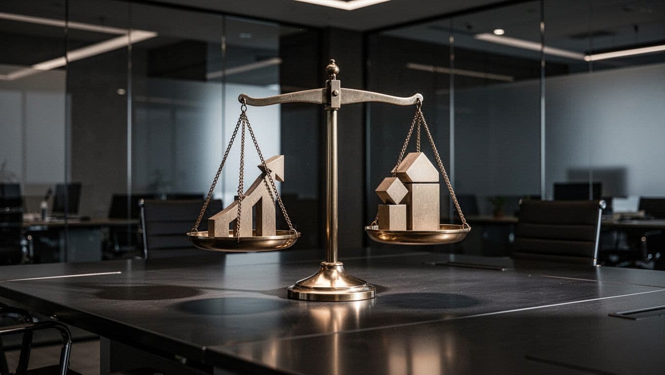 A sophisticated golden scale rests on a sleek dark surface, holding glowing abstract symbols of market growth and stability. Dramatic side lighting highlights the intricate metallic textures in the office.