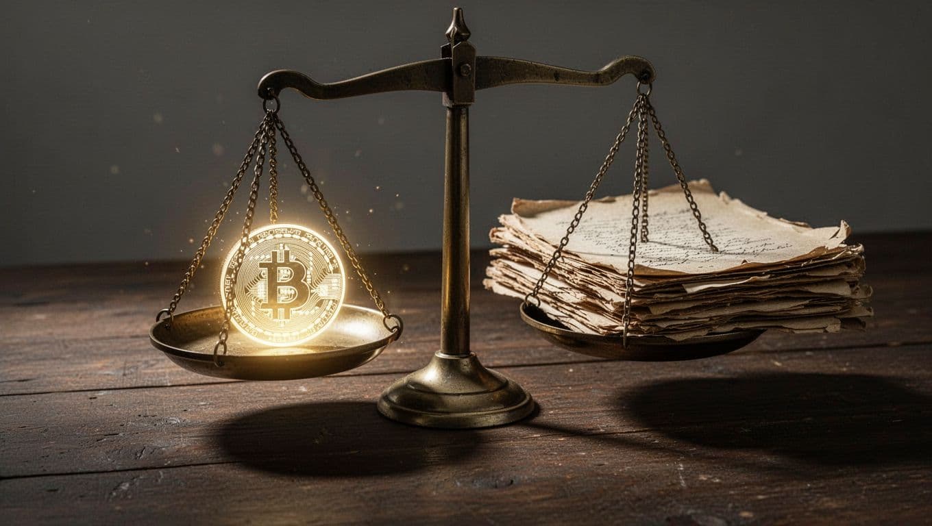 A pair of balanced scales rests on a dark wood table. One side holds a glowing digital token, while the other balances a heavy pile of worn documents.