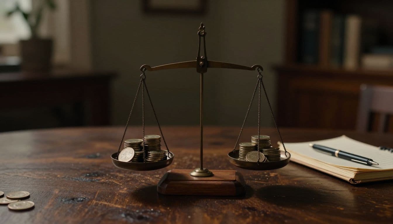 A brass balance scale sits on a dark wooden table. One side holds a stack of coins while the opposite tray supports a worn notebook and pen under soft cinematic lighting.