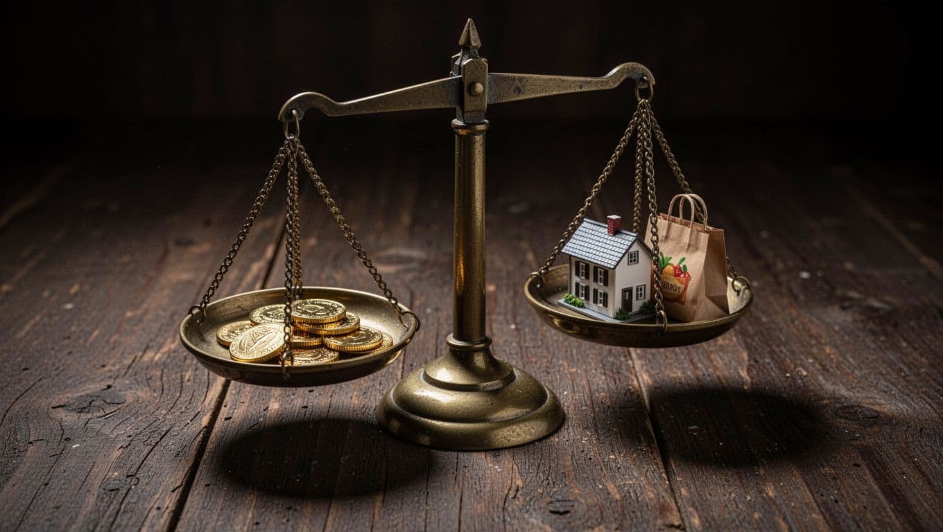 Vintage brass balance scales rest on dark wood, with gold coins on one side representing income and miniature household items like a tiny house model representing various living expenses for budgeting.