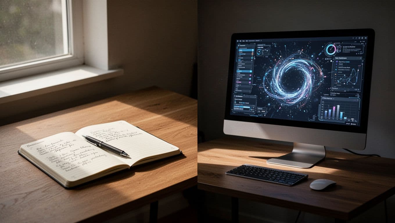 A split composition features a minimalist desk with a notebook on the left and a complex computer workstation on the right. Dramatic lighting emphasizes the contrast between quick tasks and digital assets.