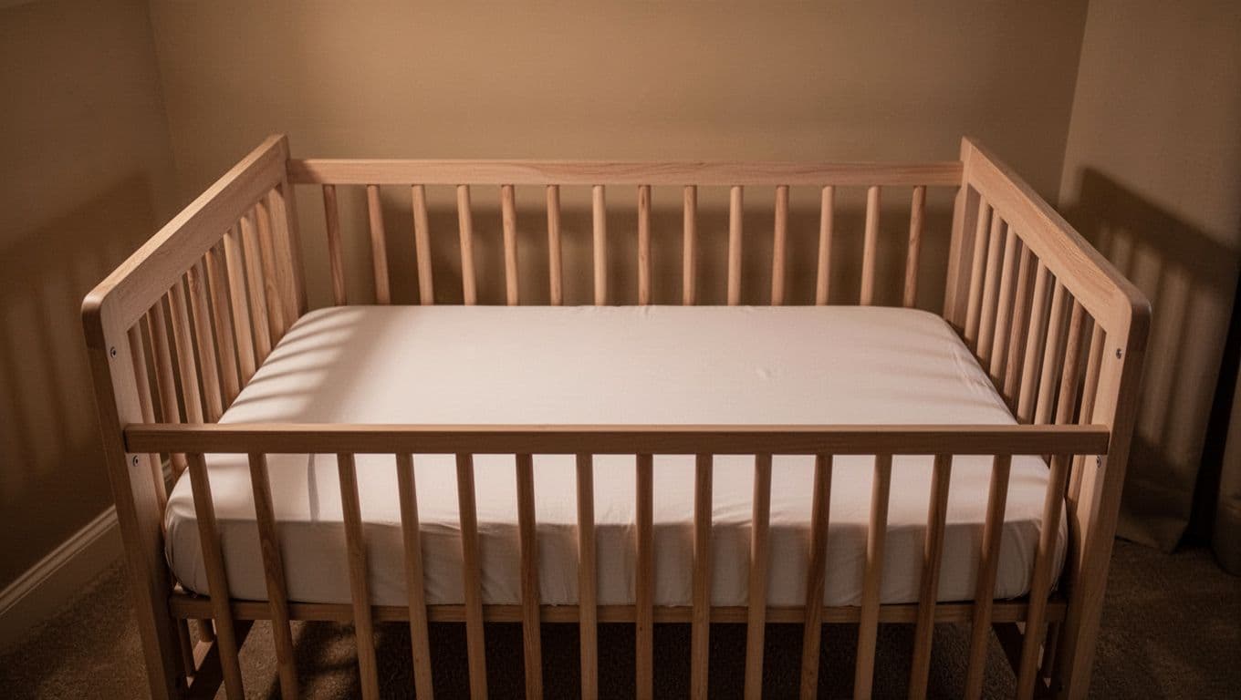 Empty infant crib with firm flat mattress and tight fitted sheet in dim nursery.
