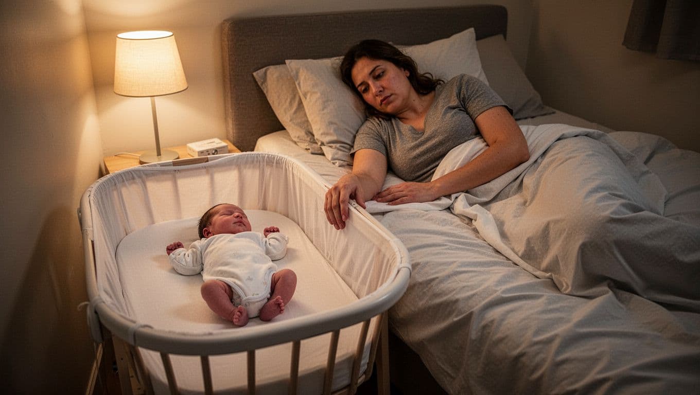 Newborn sleeps on back in white bassinet beside queen bed with resting mother, soft bedside lamp light.