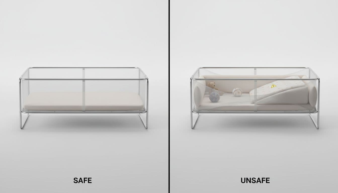 Split image compares safe bassinet with unsafe version showing collapsing mesh sides, thick padding, incline wedge, bumper pads, and toys.