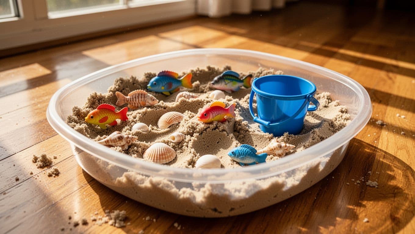 A plastic bin filled with soft kinetic sand sits on a wooden floor, containing small plastic seashells, colorful toy fish, and a tiny blue bucket for imaginative underwater ocean play.