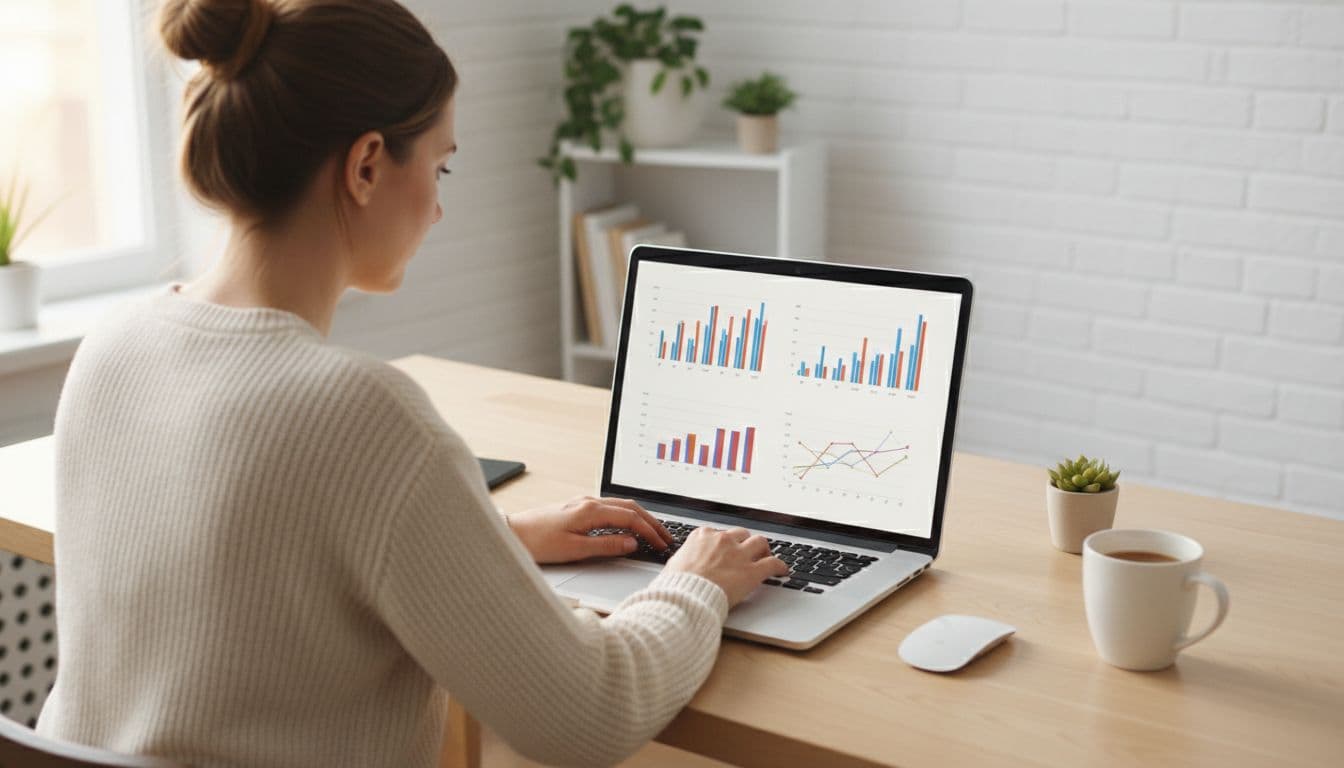 Person at clean desk views charts and graphs on laptop screen in soft light.
