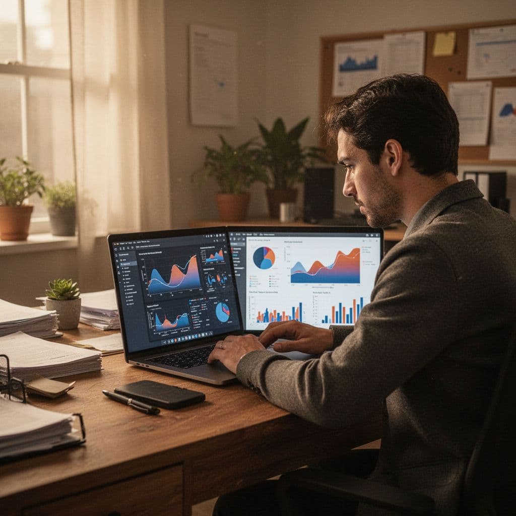 A person sits at a mahogany desk illuminated by soft ambient lighting, reviewing detailed colorful performance charts on a sleek laptop screen. A leather journal rests beside their focused workspace.