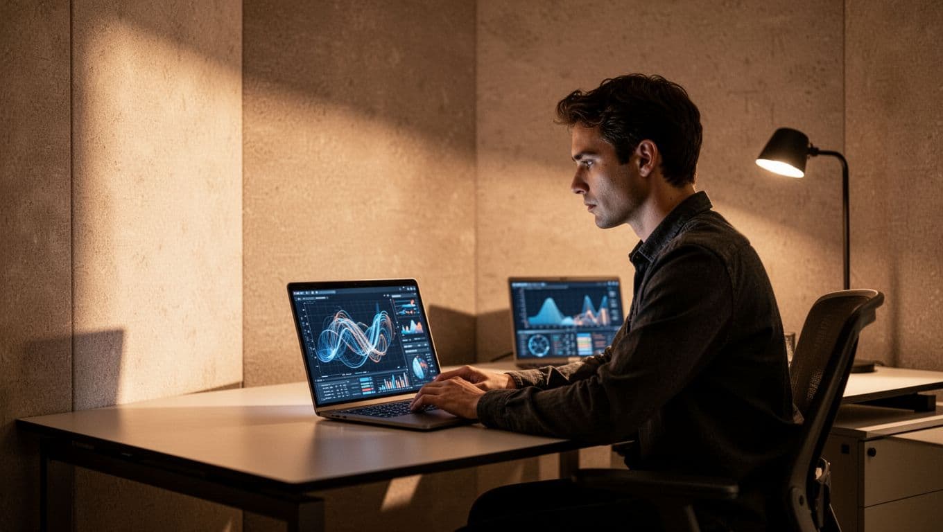 A focused blogger studies detailed growth charts on a laptop screen while sitting at a dark wood desk. Warm ambient light illuminates the workspace, highlighting the digital strategy planning in progress.