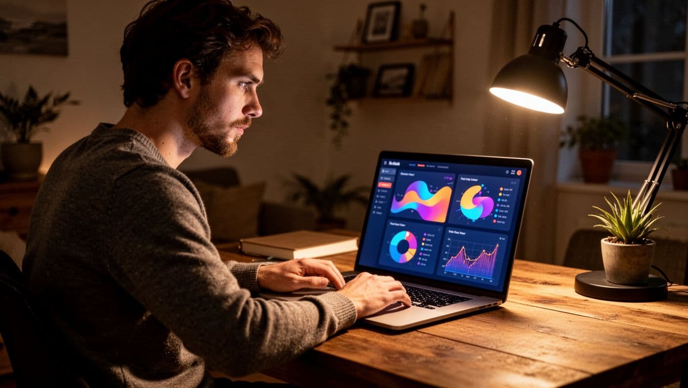 A focused content creator sits at a dark desk illuminated by the glowing laptop screen. Abstract colorful charts reflect onto the blogger's face, highlighting textures in the cozy home office space.