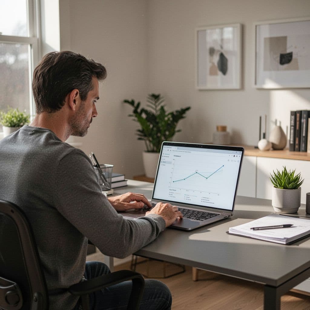 Person at desk in minimalist home office works on laptop showing search analytics.