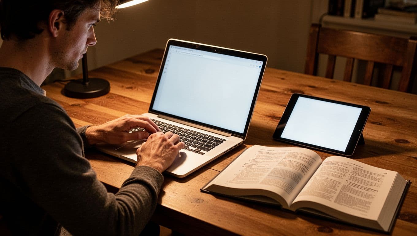 A focused person sits at a workspace using a laptop, a tablet, and an open reference book simultaneously. The warm, cinematic lighting highlights the tools used for careful content verification.
