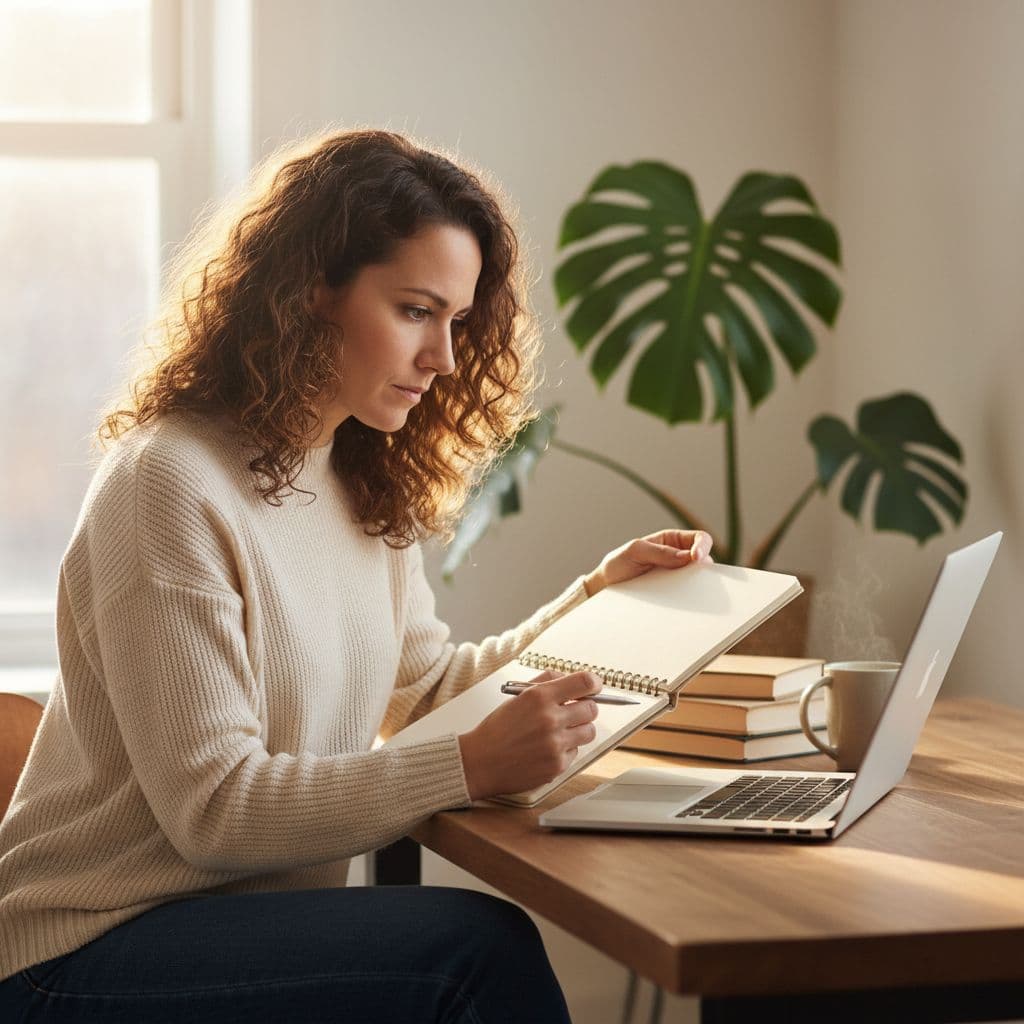 Person sits at desk with laptop, holding notebook thoughtfully in sunlit home office.
