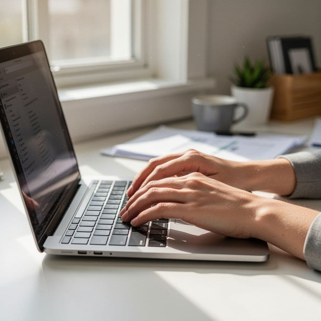 A close-up view of a person typing on a laptop in a bright workspace.