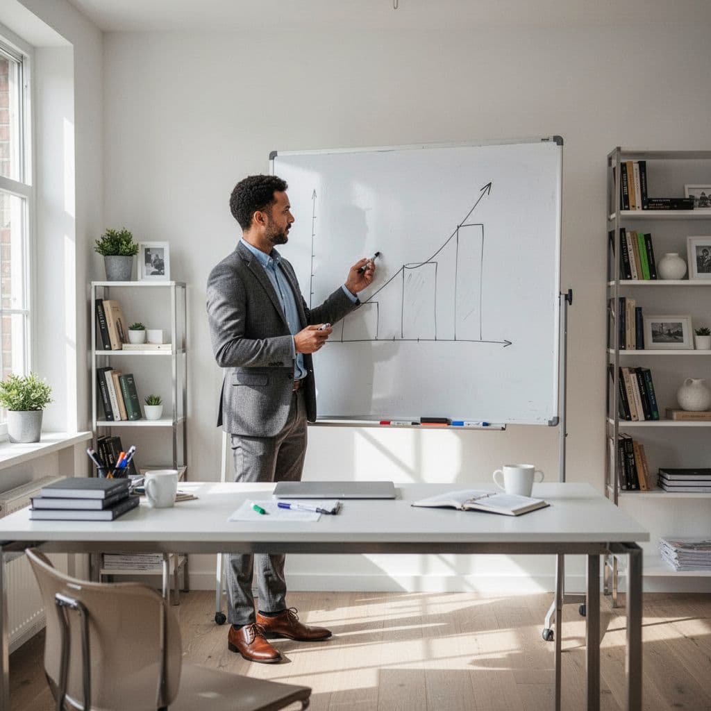 A professional blogger writes a growth chart on a whiteboard in a bright home office.