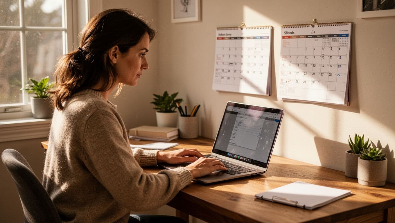 A focused professional works at a rustic wooden desk, carefully updating a digital content schedule on a laptop screen. Golden sunlight streams into the home office, illuminating a peaceful interior space.