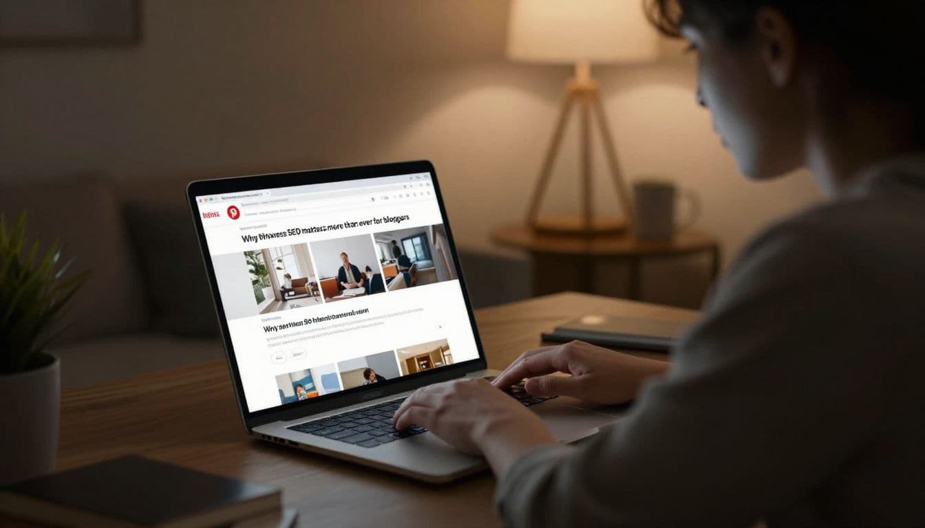 A person sits at a desk bathed in warm, cinematic home lighting while viewing a visual discovery platform on their laptop screen. The cozy, focused environment suggests productive digital research habits.