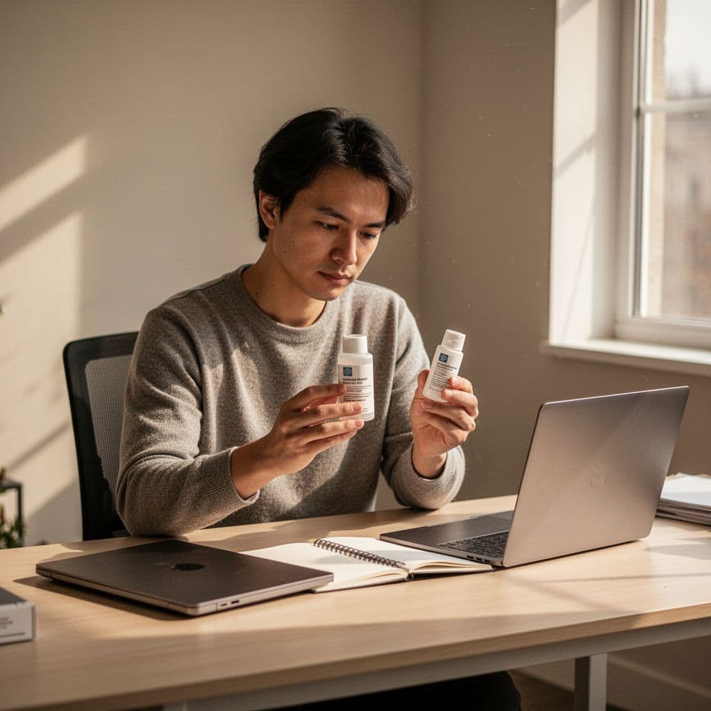 A person sits at a desk examining a product while working on a laptop and notebook.