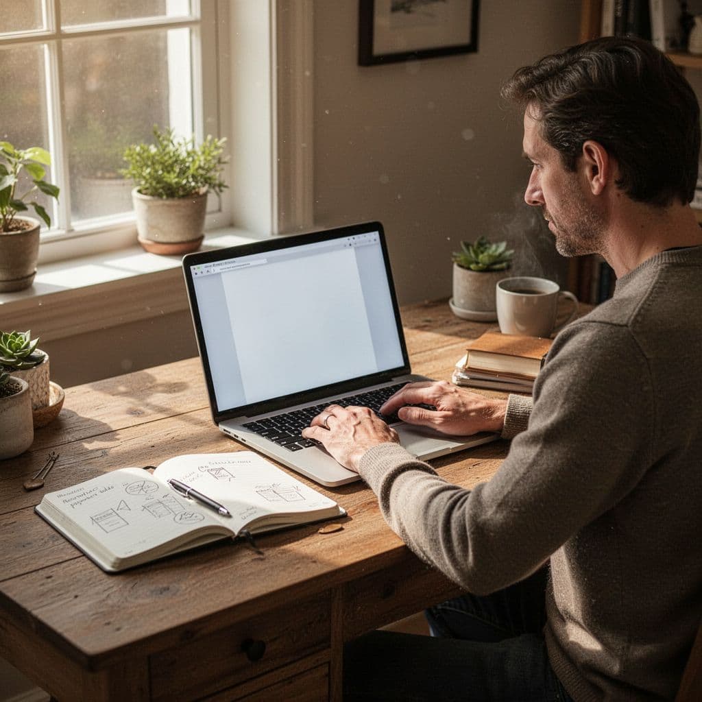 A person sits at a sunlit desk working on a laptop and taking notes in a notebook.