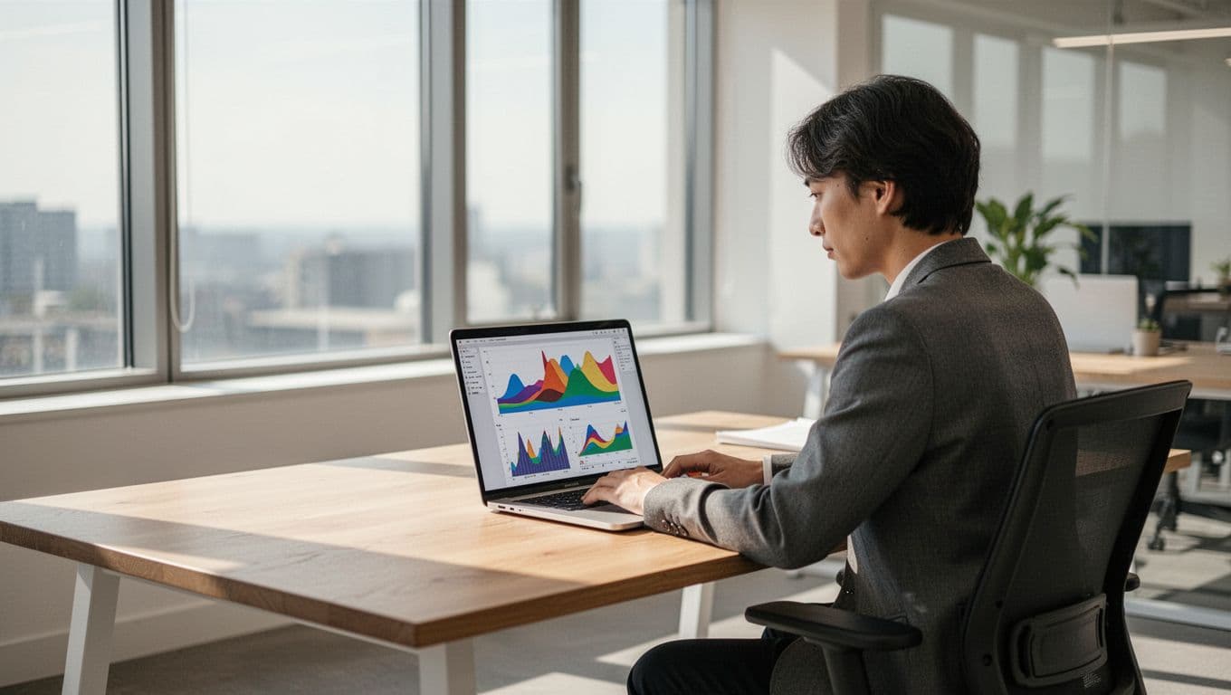 Person at tidy wooden desk in bright modern office views laptop screen with abstract data trends and soft sunlight.