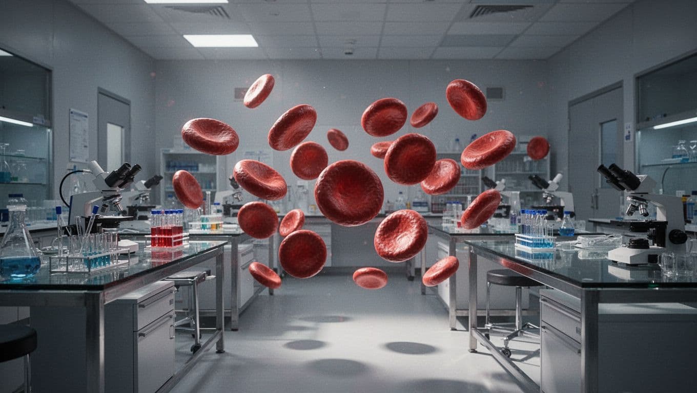Glowing abstract blood cell structures float within a dark, high-contrast laboratory setting. Soft focus spheres represent biological markers, illuminated by dramatic blue and white light to imply advanced health research.