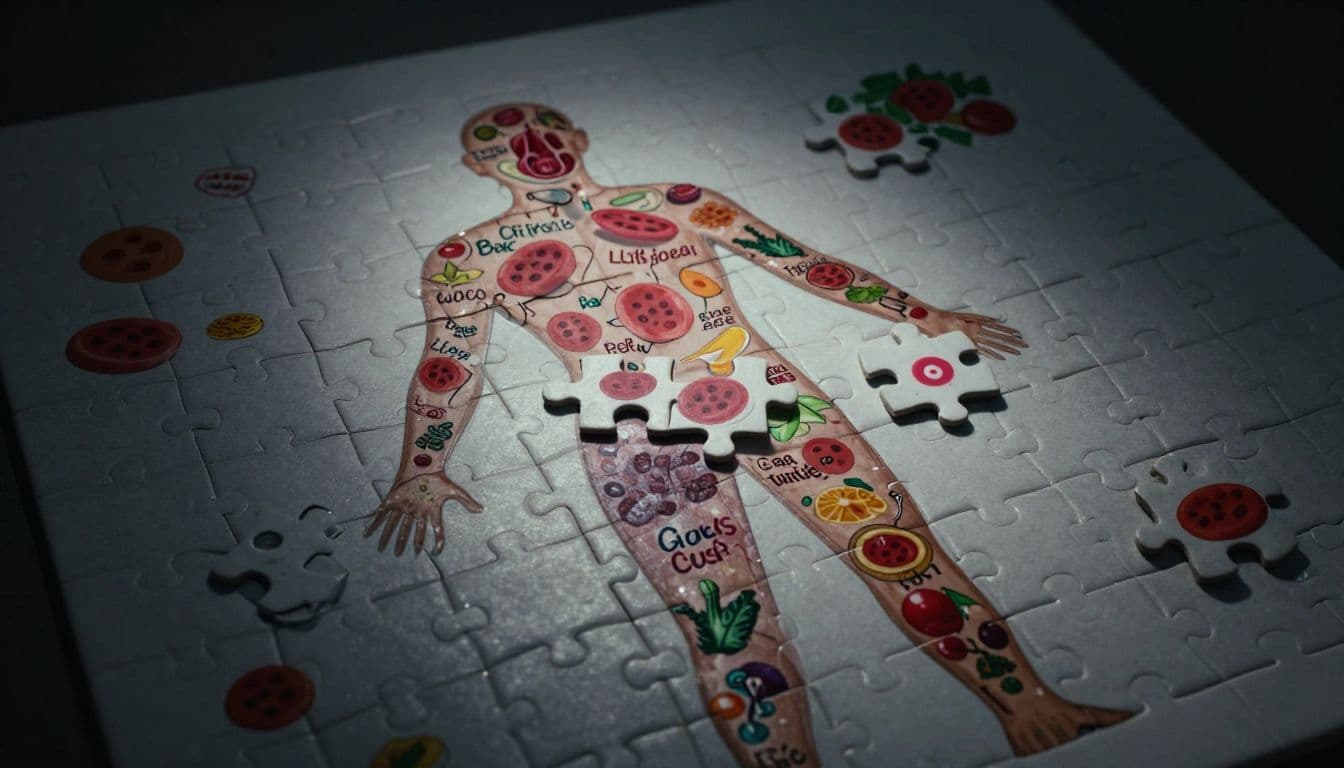 A complex jigsaw puzzle of a human silhouette sits in dramatic shadow. One corner piece displays a blood cell icon, while adjacent sections feature imagery representing diet, genetics, and lifestyle habits.
