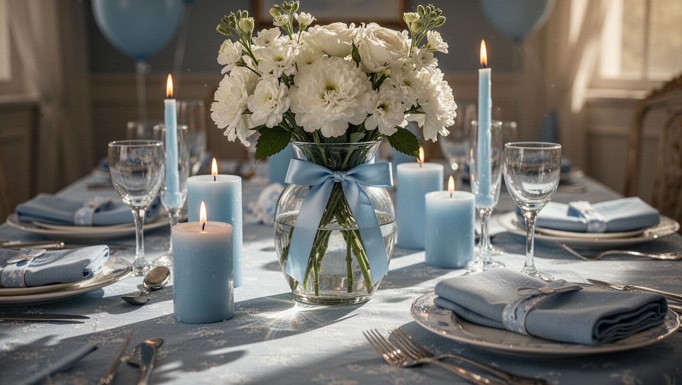 A glass vase filled with white blossoms sits among soft blue ribbons, matching tapered candles, and neatly folded napkins. Warm light enhances the textures of the coordinated, elegant table display.