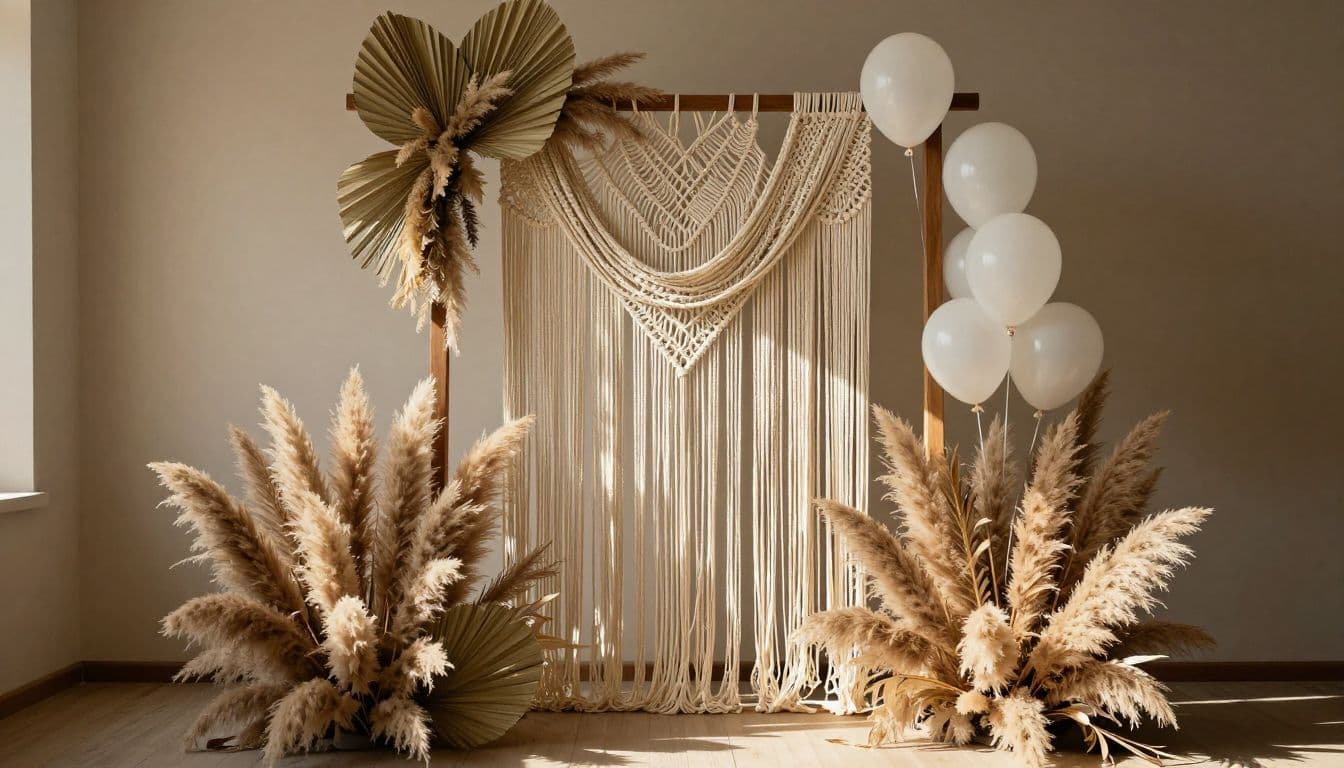 A wooden arch sits in a sunlit room, adorned with flowing cream macrame, fluffy pampas grass, and dried palm leaves. White balloons rest on the floor, creating a warm, elegant celebratory scene.