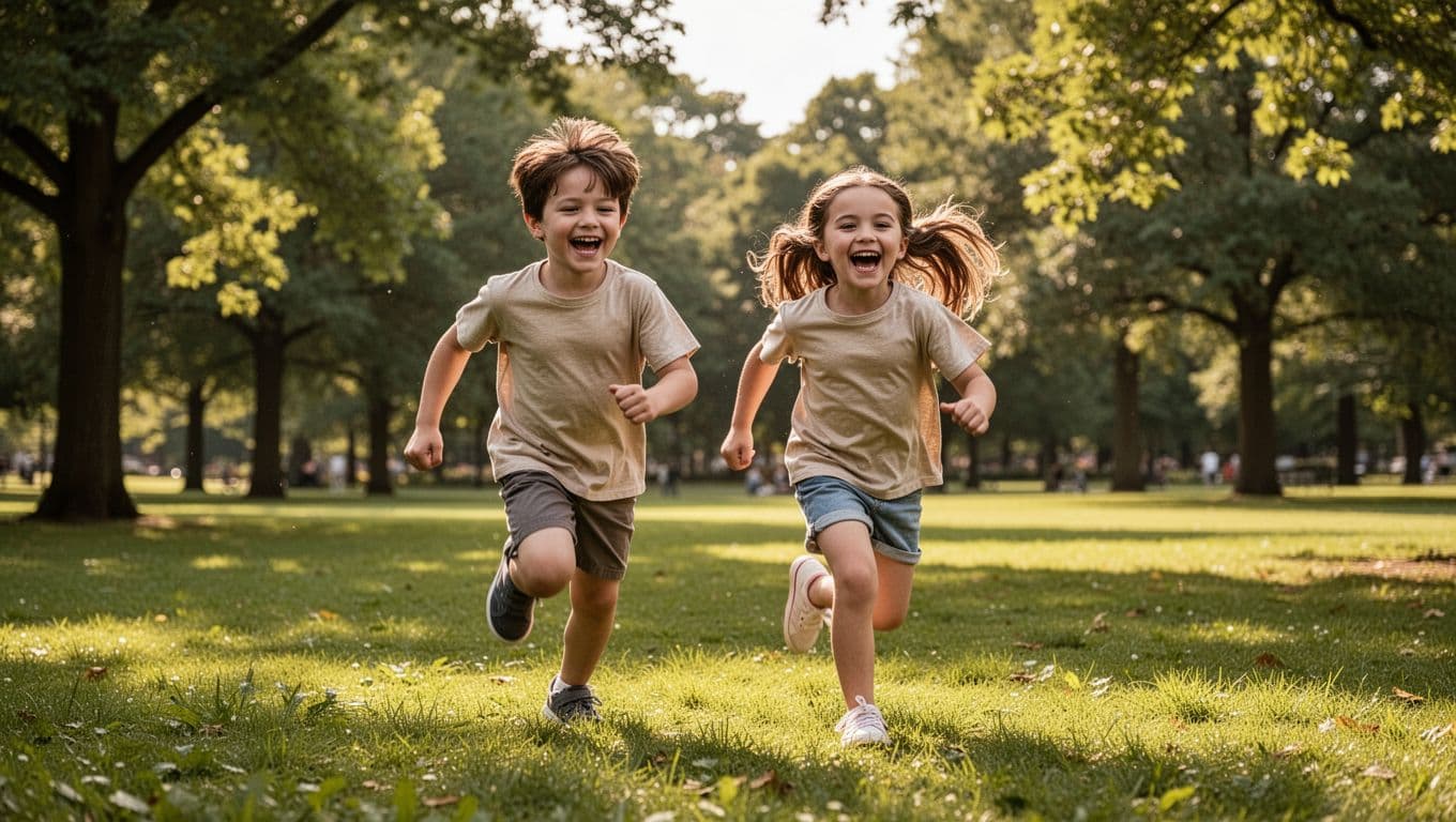 Boy and girl, aged 5-7, laugh and run on green grass in sunny park with trees.