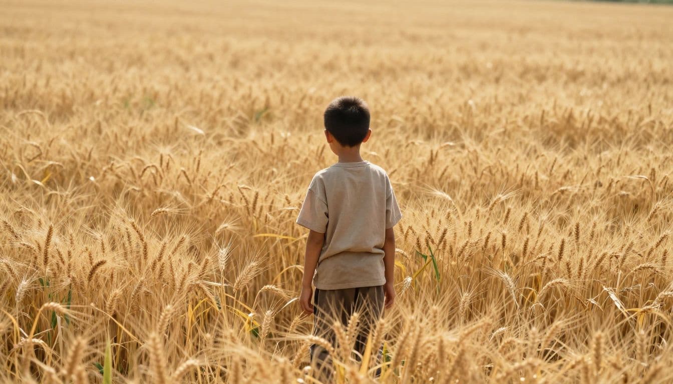 A young boy wearing simple rustic clothing stands amidst a vast field of golden wheat. The warm, low-hanging sun creates a glowing atmosphere while highlighting the intricate texture of the stalks.