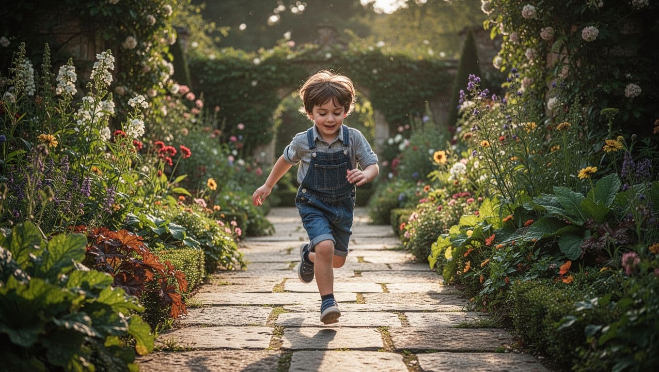 A young boy smiles while exploring a lush European garden filled with vibrant greenery and stone pathways. Golden afternoon light filters through the foliage, creating high-contrast shadows on the ground.