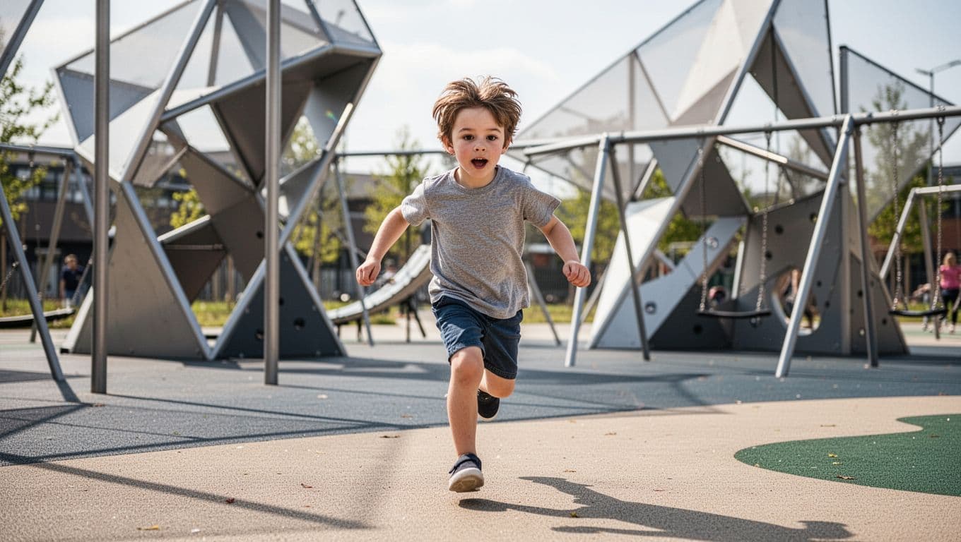 Young boy in t-shirt and shorts runs dynamically in modern playground with geometric structures.