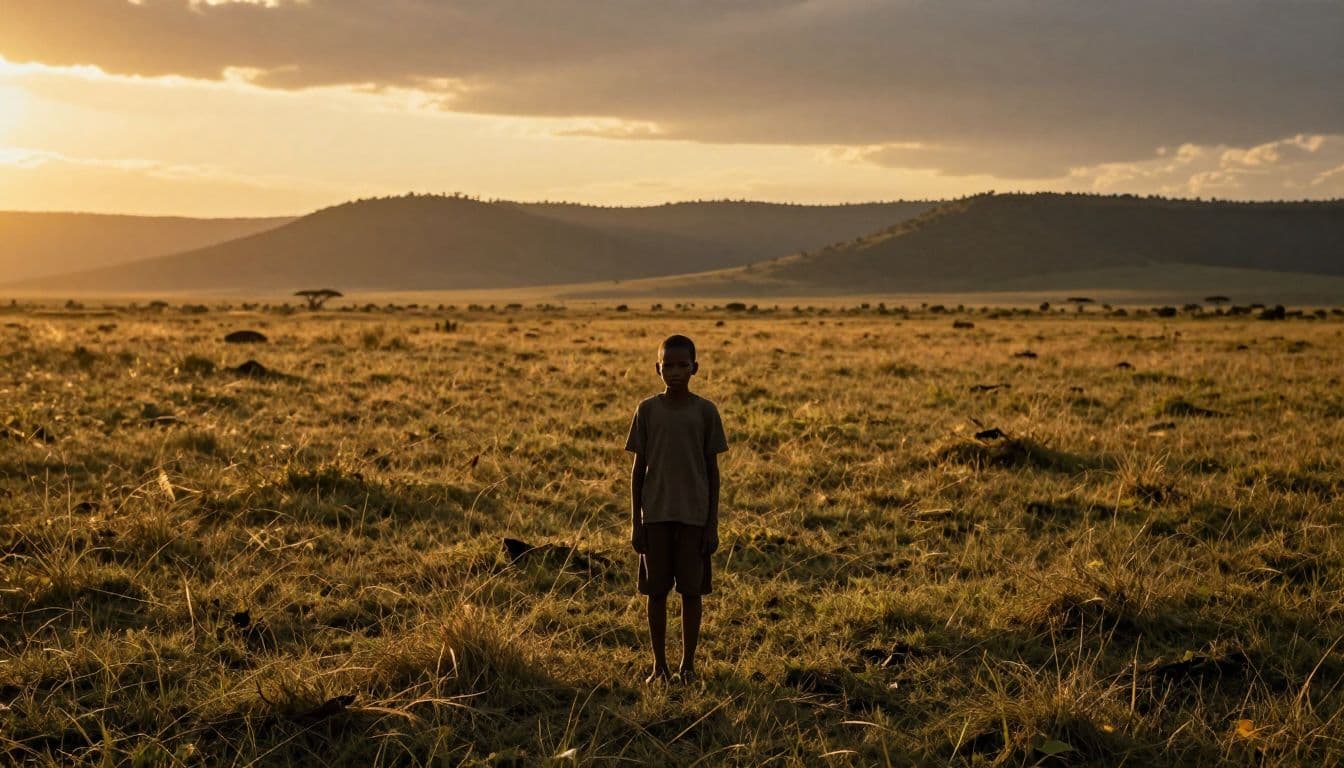 A young boy stands peacefully amidst vast rolling grassy hills during a vibrant sunset. Golden sunlight illuminates the horizon while deep shadows stretch across the expansive African landscape behind him.