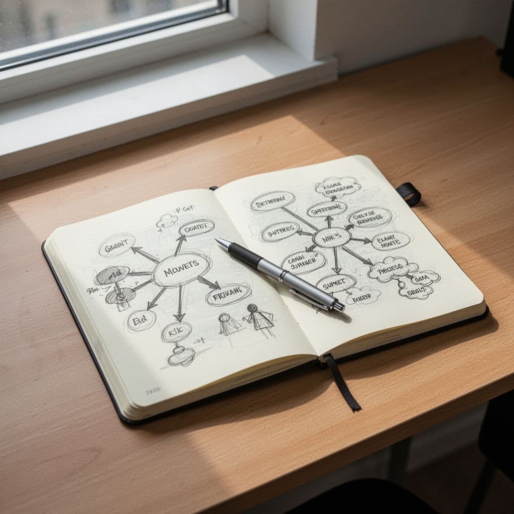 An organized desk featuring a notebook with handwritten mind maps and a pen under soft lighting.