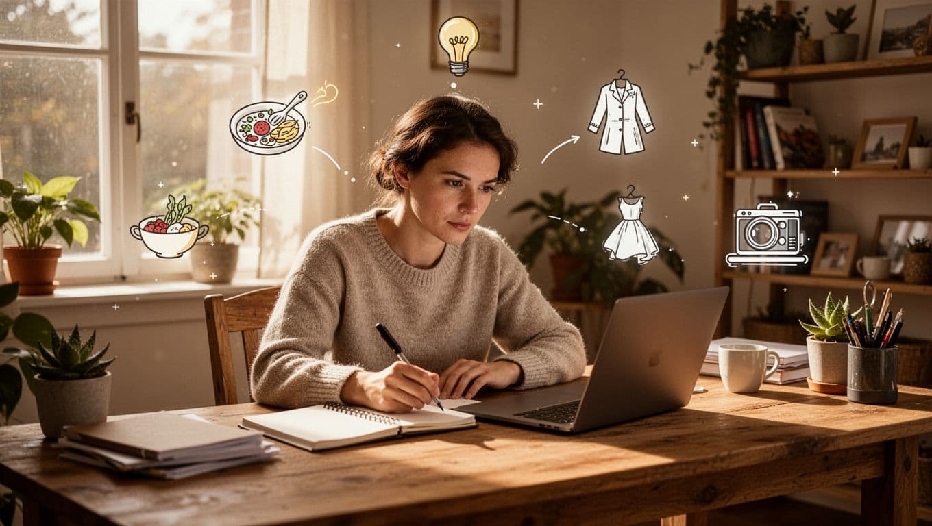 Focused person at desk with laptop and notebook, surrounded by recipe, fashion, and home decor icons in cozy office.