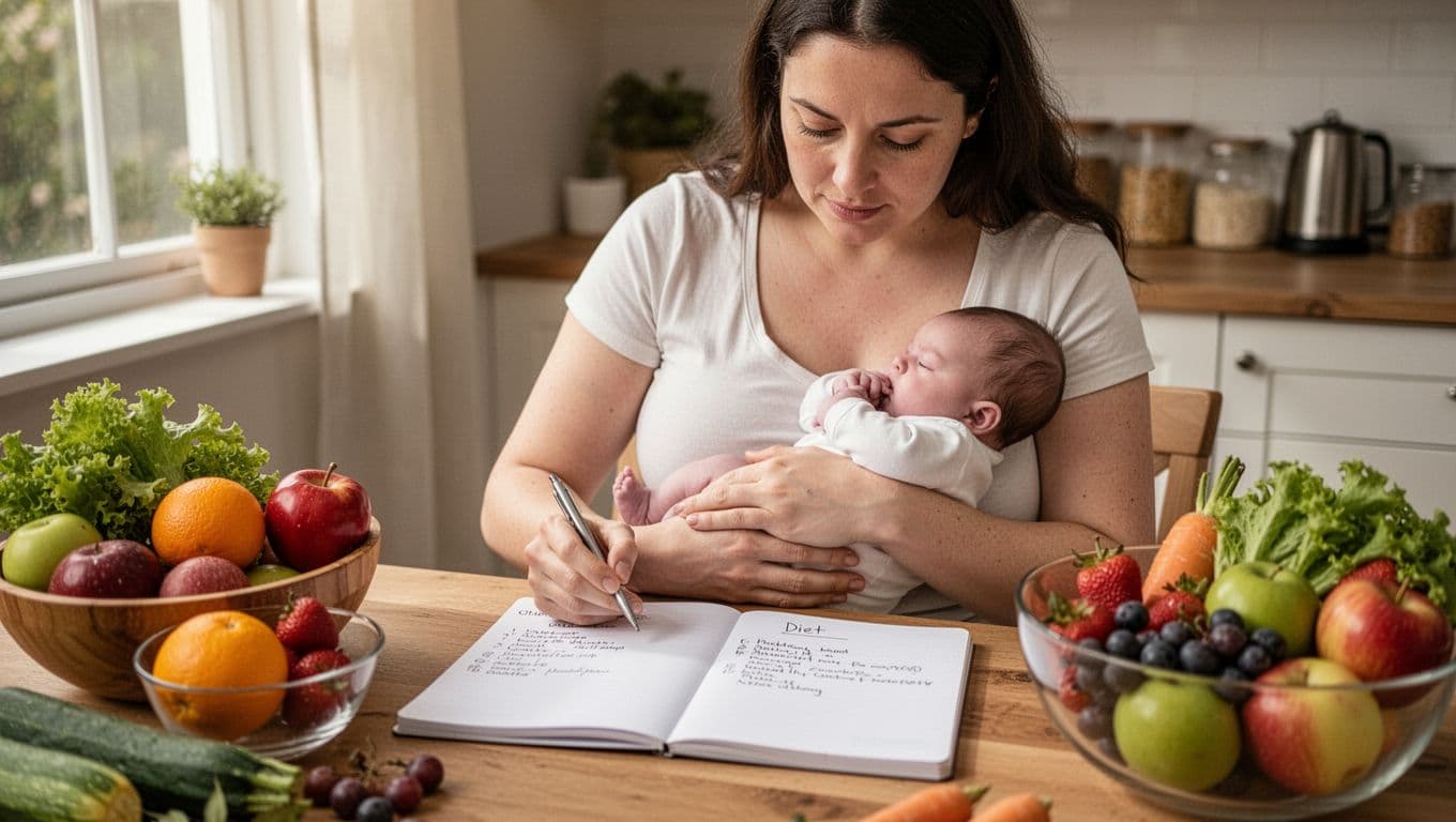 A breastfeeding mother thoughtfully reviews her diet notes at a table, with her baby nearby and fresh fruits and vegetables around in a cozy home setting bathed in natural light.