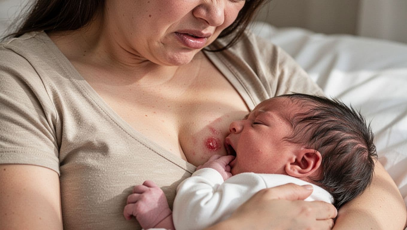 Close-up shows mother wincing in pain as newborn's poor latch damages her nipple.