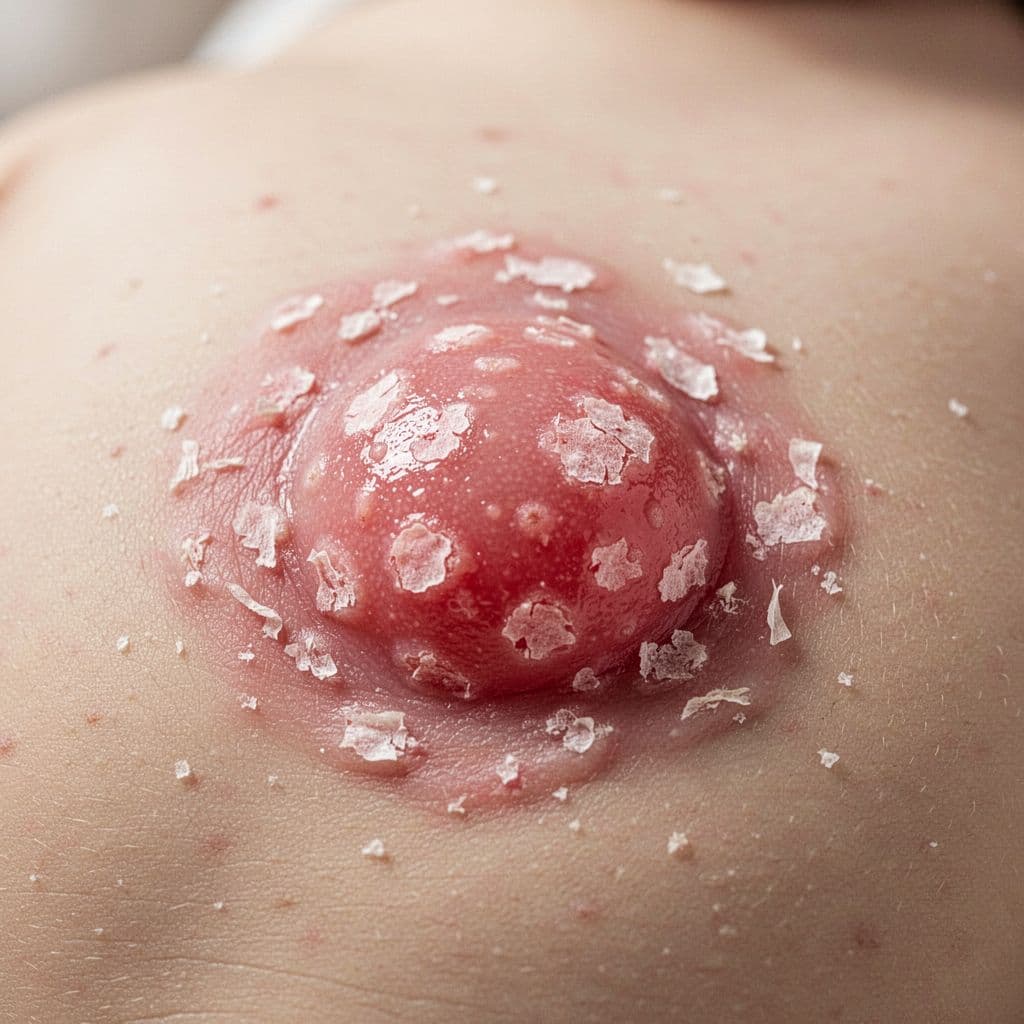 Close-up of nipple showing thrush: bright red shiny skin, white patches, flaky edges.