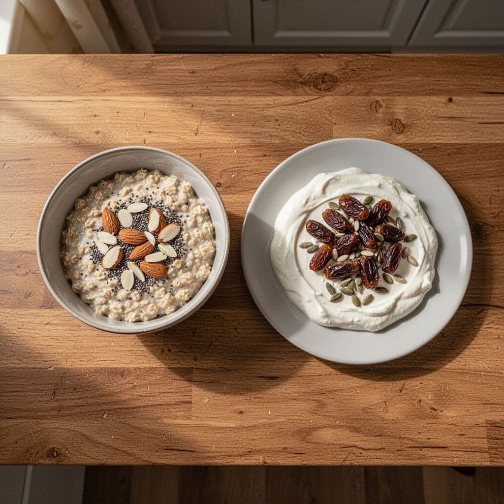 Top-down view of wooden table with oatmeal bowl topped with chia seeds and almonds, yogurt plate with dates and sunflower seeds.