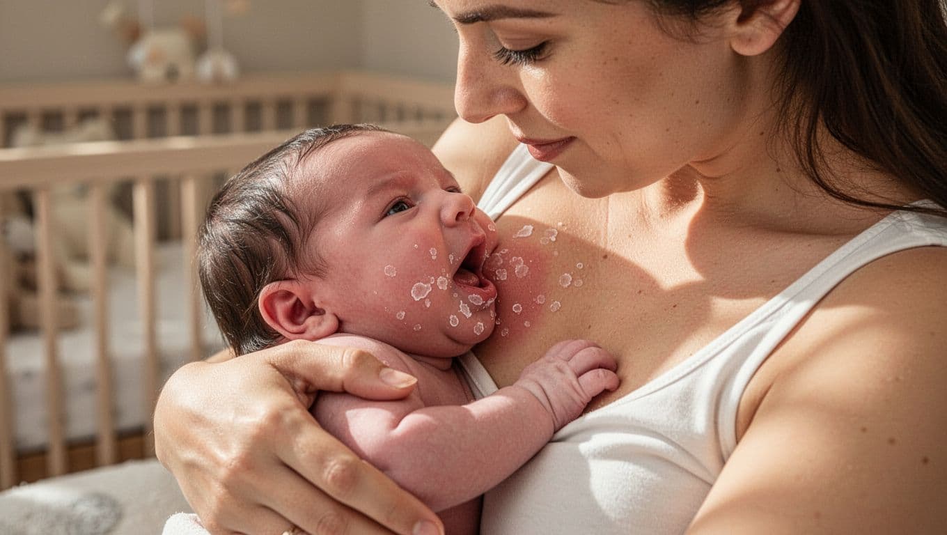 Side close-up shows mother nursing newborn with white yeast patches on baby's tongue, cheek, and nipple.