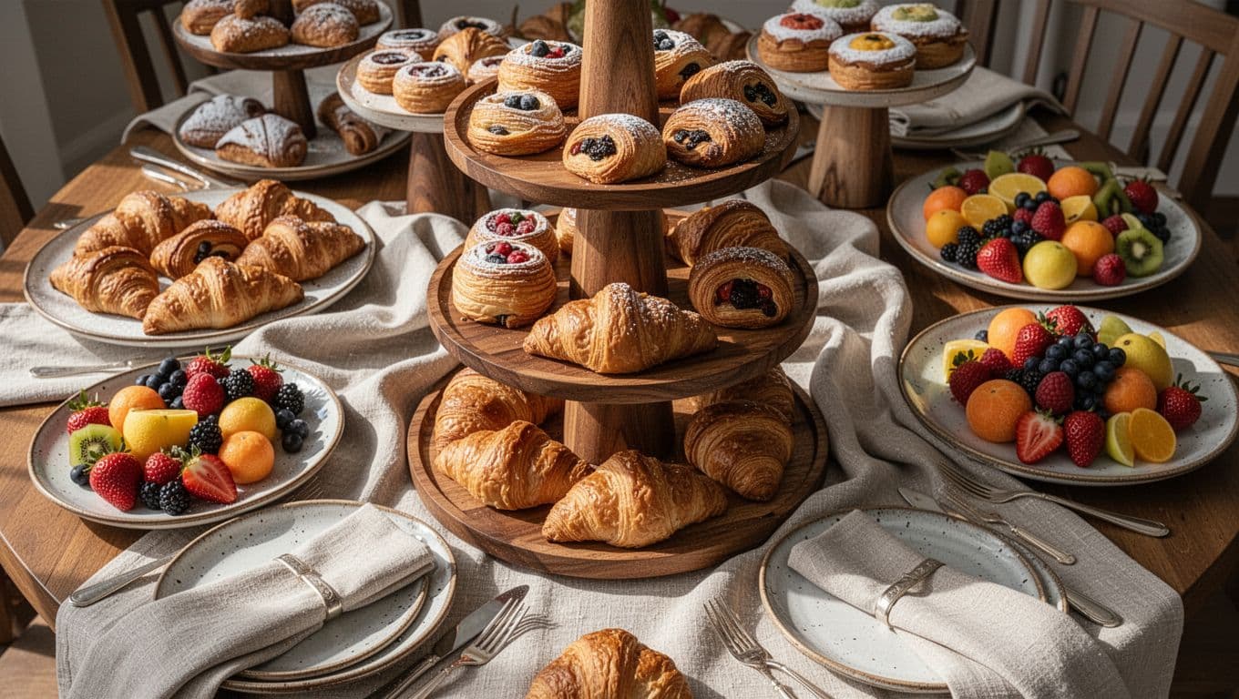 Tiered wooden stands display assorted pastries alongside ceramic platters filled with fresh fruit. Soft linen napkins are neatly arranged between dishes as warm sunlight enhances the textured surface of the food.