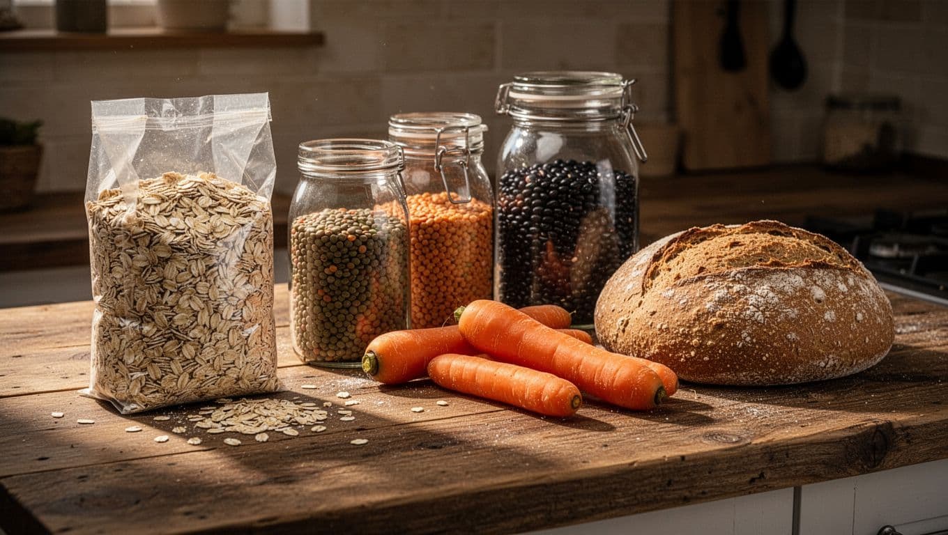 A wooden kitchen counter displays a burlap bag of rolled oats, glass jars filled with lentils and beans, vibrant fresh carrots, and a rustic loaf of whole wheat bread under warm lighting.