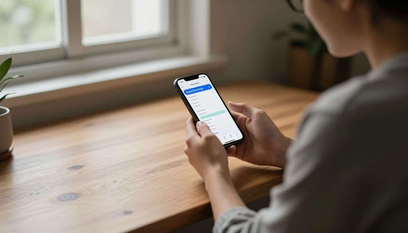 A relaxed individual sits at a rustic wooden desk, holding a smartphone to manage finances. Soft sunlight streams through a nearby window, illuminating the cozy home office workspace during daytime.