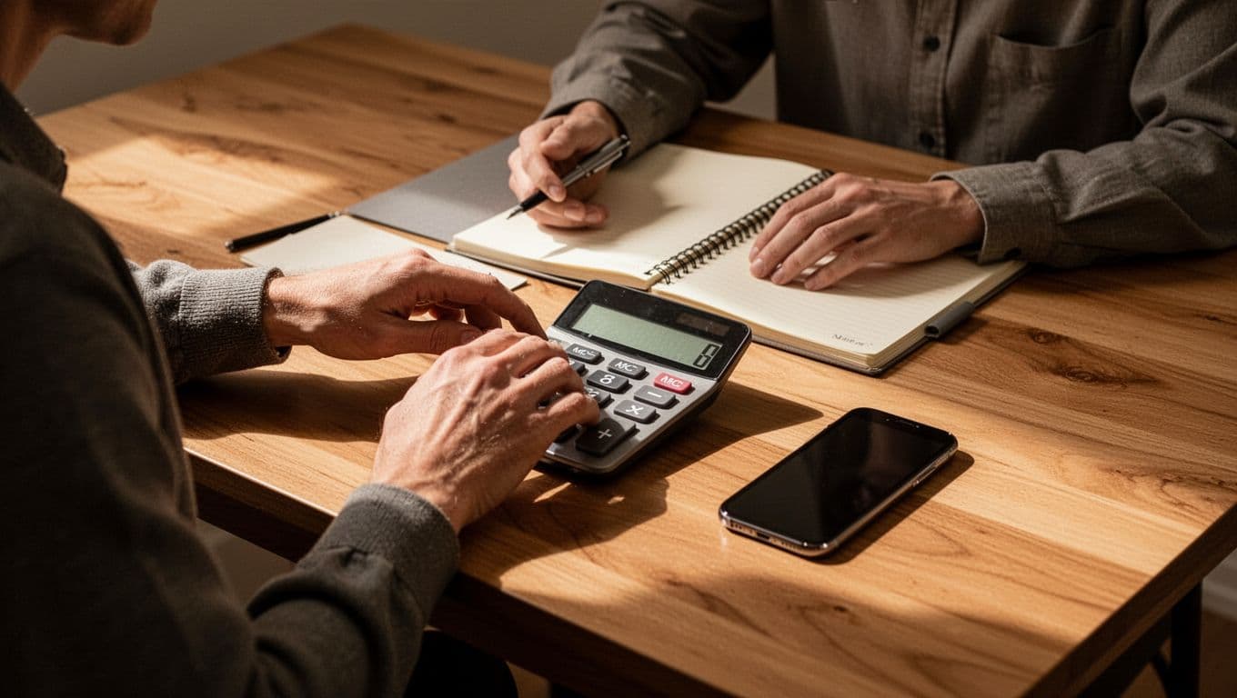 A person sits at a wooden desk while working on budget calculations with a calculator, an open notebook, and a smartphone. Warm, soft ambient lighting highlights the professional and organized workspace.