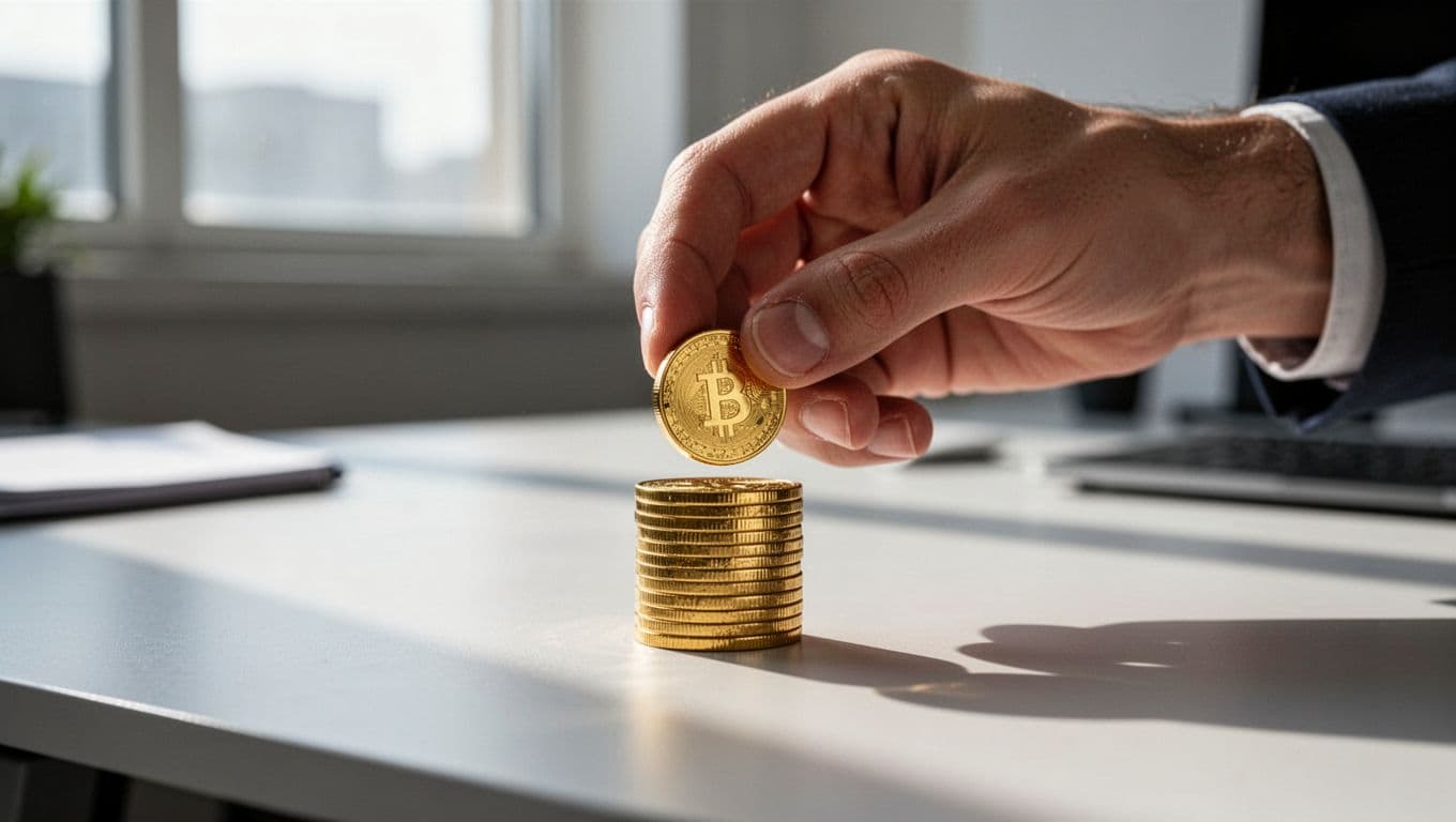 A focused hand carefully balances a shiny gold coin onto a small stack atop a clean, minimalist desk. Soft natural light highlights the metallic edges against a shallow, blurred background.