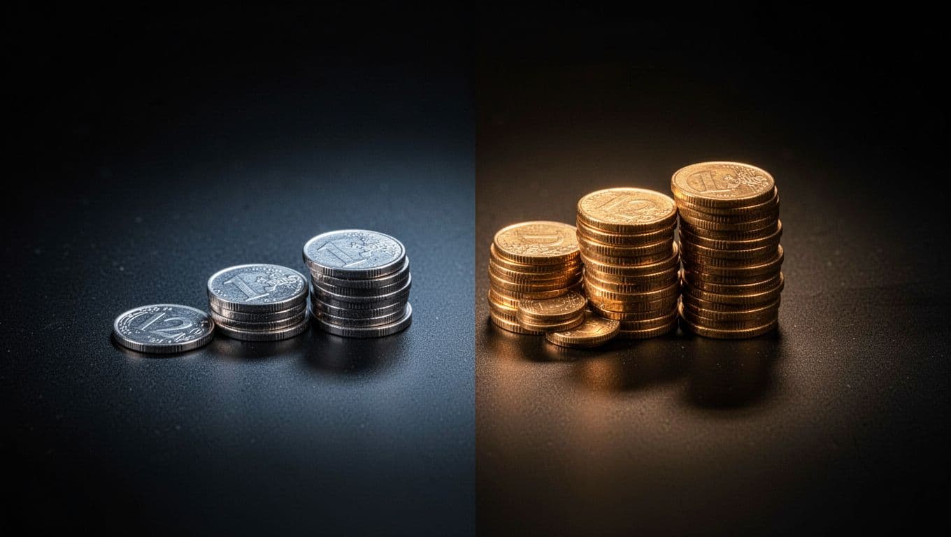 Two distinct stacks of metallic coins sit against a dark background under dramatic lighting. A smaller pile representing business costs stands alongside a significantly larger stack indicating total net income.