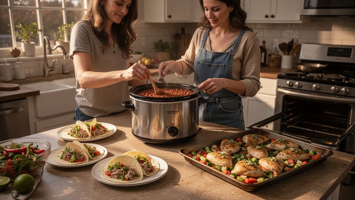 A busy mom in casual clothes assembles hearty dinners from prepped ingredients in a cozy home kitchen: crockpot chili with beans and ground turkey, tacos with peppers and turkey, and sheet pan garlic lime chicken with chopped veggies, under warm natural evening light.