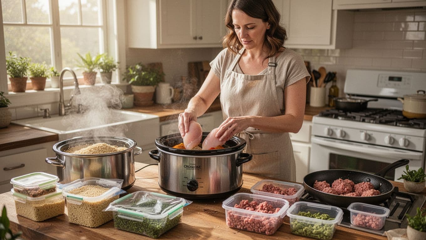 Busy mom in a cozy home kitchen sets up a crockpot with chicken breasts and spices, quinoa cooking on the stove, ground turkey in a pan, and portion containers ready for freezing, bathed in natural morning light.